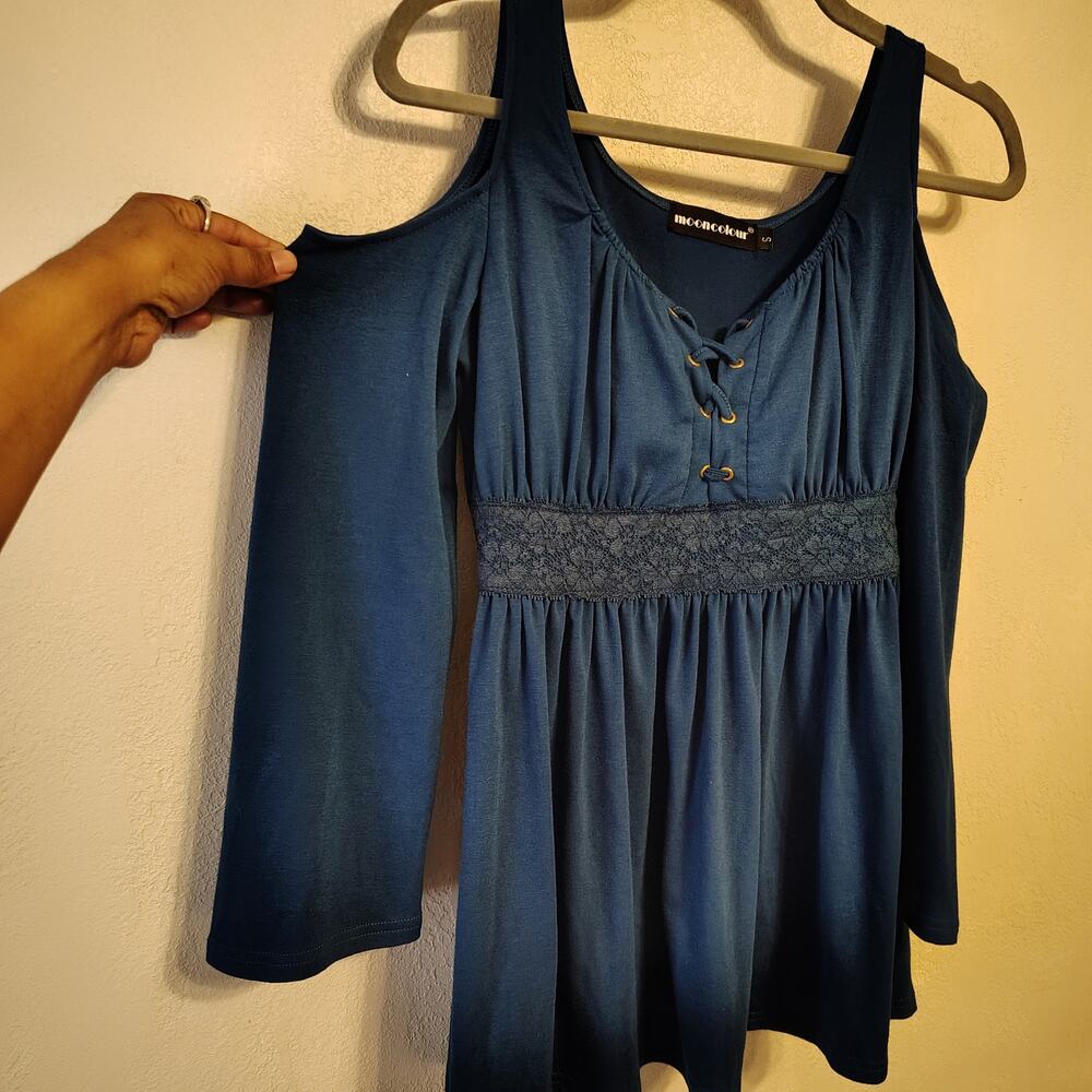 Mooncolour Blue Cold Shoulder Lace Up Tunic Top Women Small Boho Peasant top SM